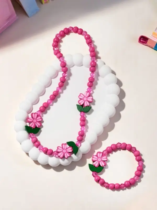 Набор детских украшений Выбражулька &laquo;Крупные цветы&raquo;, 2 предмета: бусы, браслет, розовый