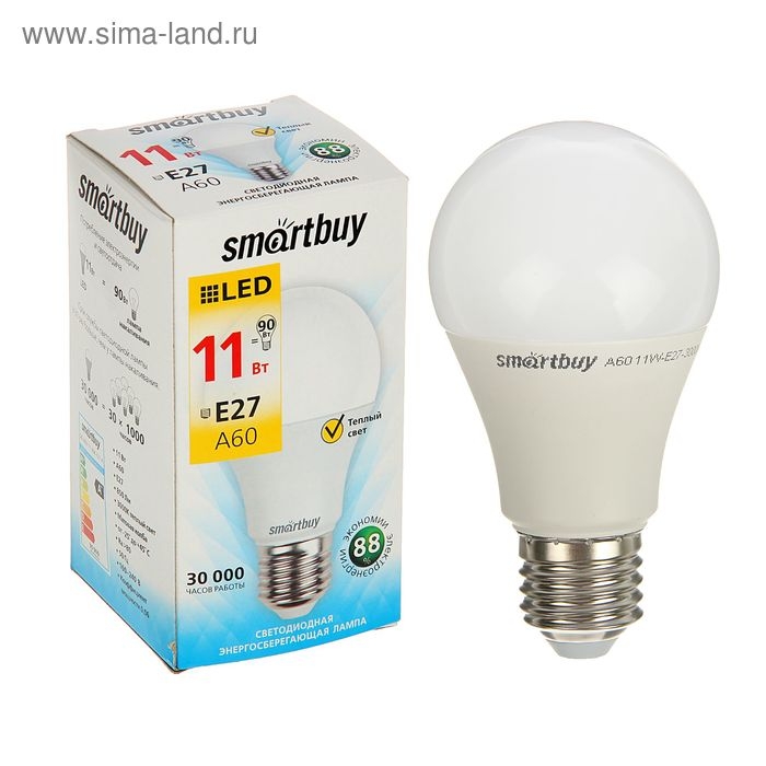 Лампа cветодиодная Smartbuy, A60, E27, 11 Вт, 3000 К, теплый белый свет Лампа cветодиодная Smartbuy, A60, E27, 11 Вт, 3000 К, теплый белый свет