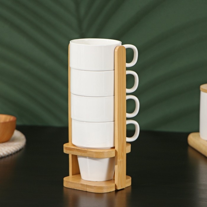 Набор фарфоровых кружек на деревянной подставке BellaTenero, 4 предмета: 200 мл, цвет белый Набор фарфоровых кружек на деревянной подставке BellaTenero, 4 предмета: 200 мл, цвет белый