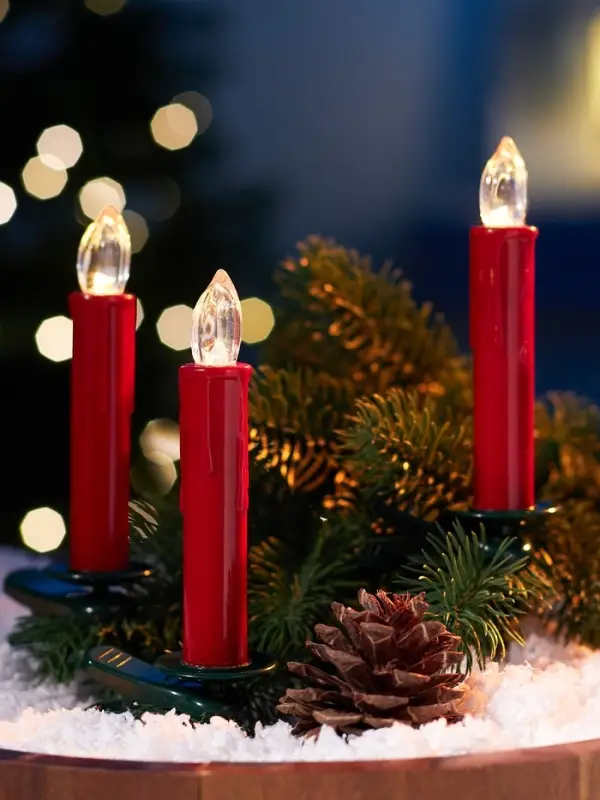 Светодиодные «Свечи на прищепках красные» 11 см, набор 10 шт, 10 LED, от батареек ААх10, пульт, свечение тёплое белое