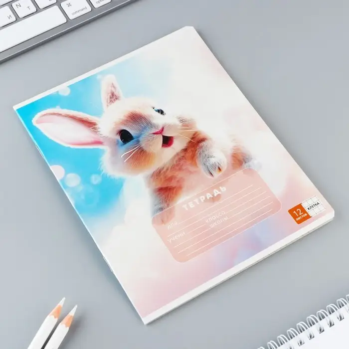 Тетрадь в клетку 12 листов А5, на скрепке &laquo;Пушистики&raquo;, обложка мелованный картон, блок №2, 5 видов МИКС