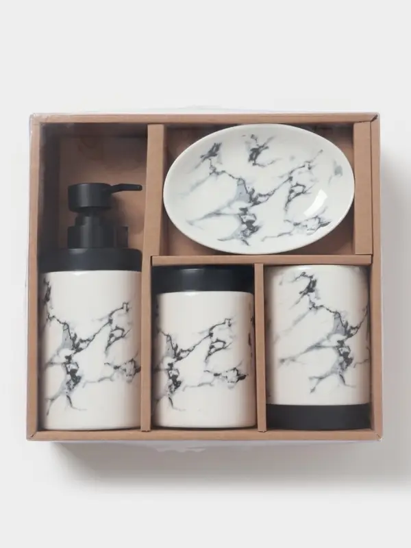 Аксессуары для ванной &laquo;Мраморный металл&raquo;, 4 предмета, мыльница, дозатор 400 мл, 2 стакана, белые