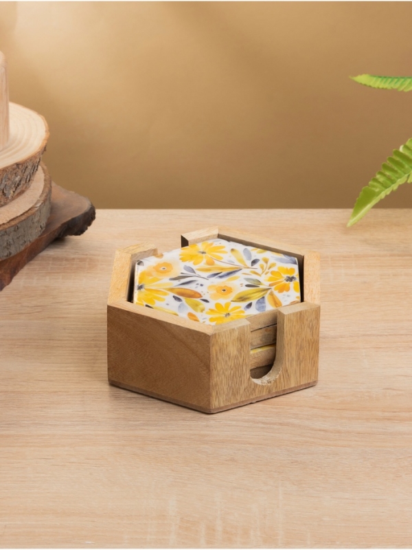 Подставка под горячее «Желтые и синие цветы», набор 4 шт., 15×13×5 см, дерево манго Подставка под горячее «Желтые и синие цветы», набор 4 шт., 15×13×5 см, дерево манго