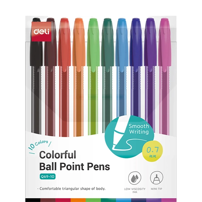 Набор шариковых ручек Deli EQ69-10,иг.нак 0,7,черн.пониж.вязк,10 цвет