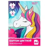 Картон цветной, А4, 8 листов, 8 цветов, немелованный, односторонний, в папке, 220 г/м&sup2;, Минни Маус и Единорог