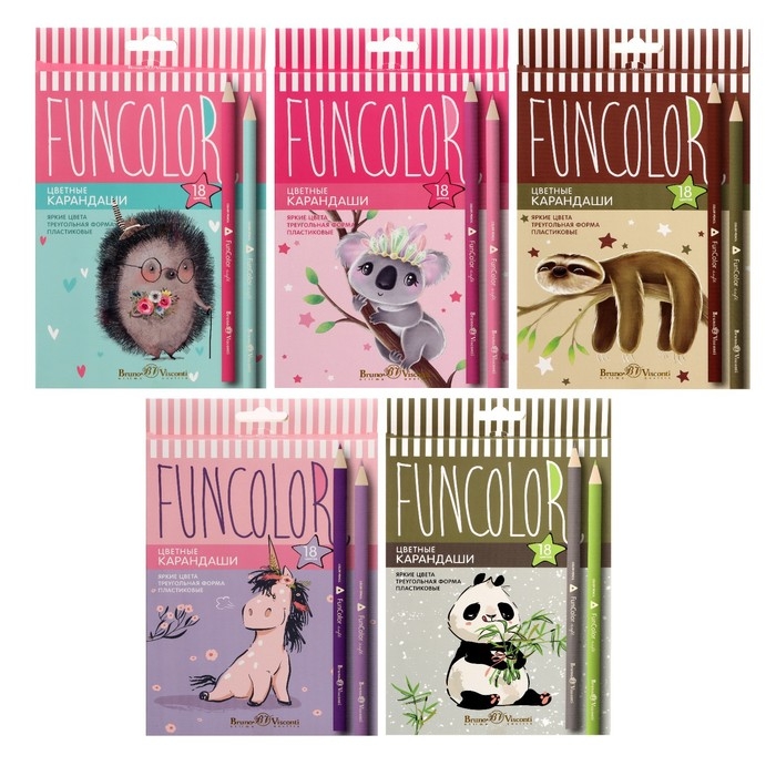 Карандаши 18 цветов BrunoVisconti. FunColor, пластиковые, трёхгранные, МИКС Карандаши 18 цветов BrunoVisconti. FunColor, пластиковые, трёхгранные, МИКС