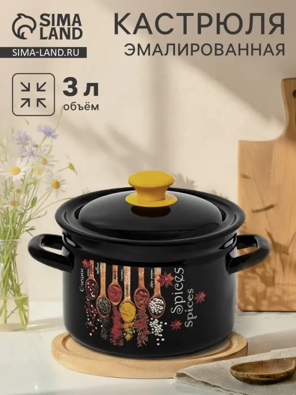 Кастрюля эмалированная &laquo;Карри&raquo;, 3 л, d=19.2 см, с крышкой, чёрная