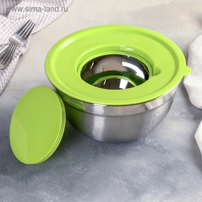 Миска из нержавеющей стали для миксера «Антибрызг», 2 л, 22×12 см, с мерной шкалой, пластиковая крышка