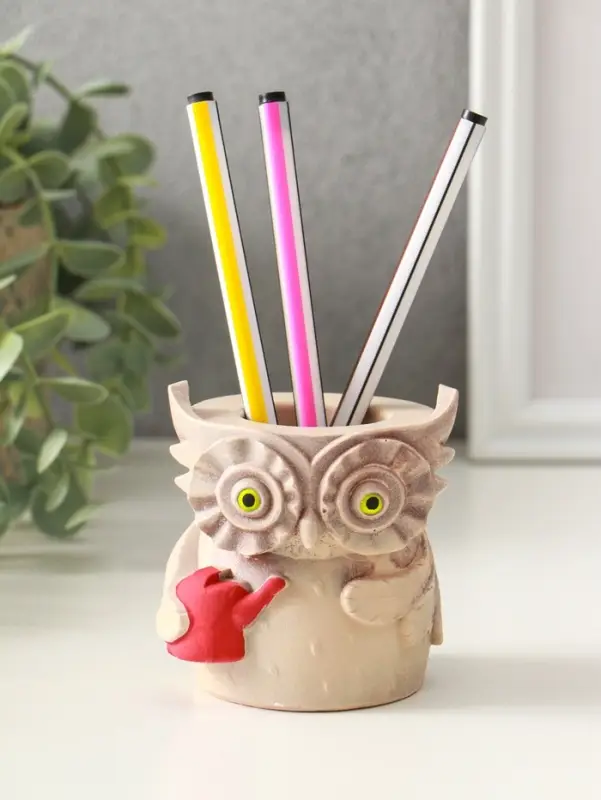 Карандашница "Сова с лейкой", 8х8 см, гипс, слоновая кость