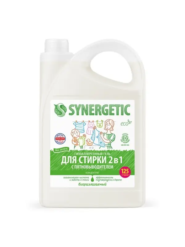 Жидкое средство для стирки 2 в 1, Synergetic, универсальное, гель, 3.75 л