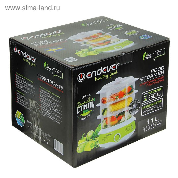 Пароварка Endever Vita-171, электрическая, 1000 Вт, 11 л, 3 яруса, бело-зеленая Пароварка Endever Vita-171, электрическая, 1000 Вт, 11 л, 3 яруса, бело-зеленая