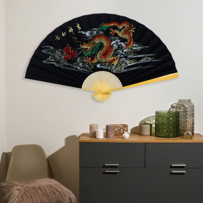 Веер бамбук, текстиль h=90 см  Веер бамбук, текстиль h=90 см "Дракон" чёрный