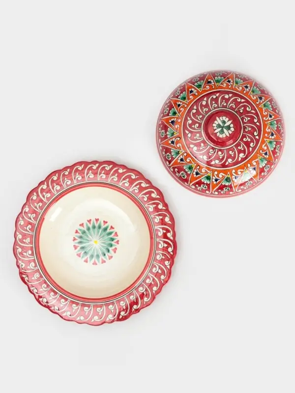 Блинница узбекская Риштанская Керамика &laquo;Цветы&raquo;, d=24 см, керамика, красная