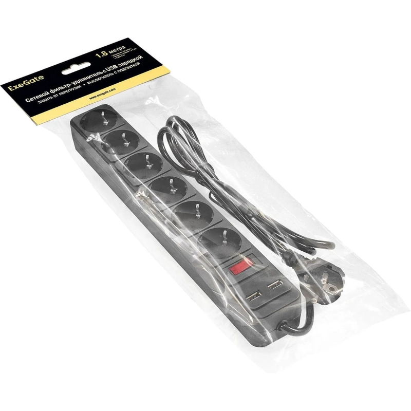 Сетевой фильтр ExeGate SP-6-USB-1.8B 6р/1,8м, 2 USB, черный(EX295492RUS)