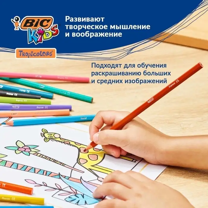 Карандаши цветные 12 цветов, детские, шестигранные, BIC Kids Tropicolors, пластиковые, ударопрочный грифель 3.2 мм, картонная упаковка
