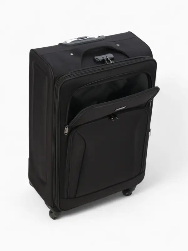 Чемодан 28 Чемодан 28", Текст, 45*28*77, отд на молнии, 2 нар/карм, увелич, код замок, 4 колеса, черный 10875