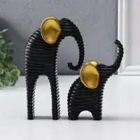 Сувенир полистоун "Слон со слонёнком. Гофре" чёрный с золотом набор 2 шт 5,5х16,5х16,5 см