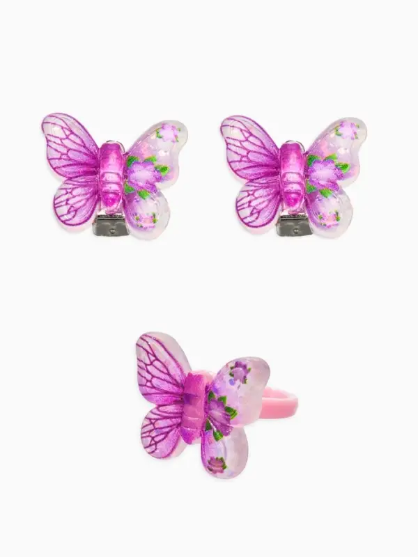 Набор детский  "Выбражулька" 3 предмета: клипсы, кольцо, браслет, бабочки, цвет розовый