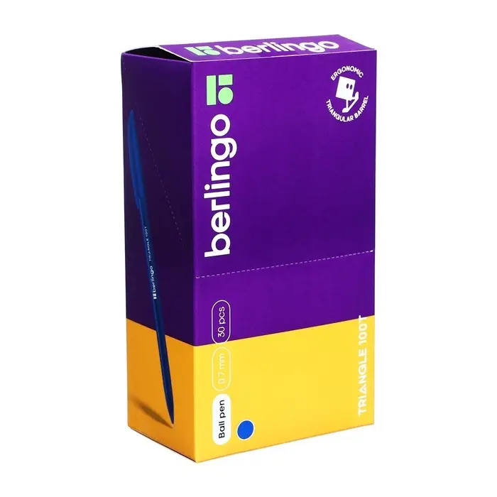 Ручка шариковая Berlingo. Triangle 100T, синий стержень, игольчатый узел 0.7 мм, треугольный корпус