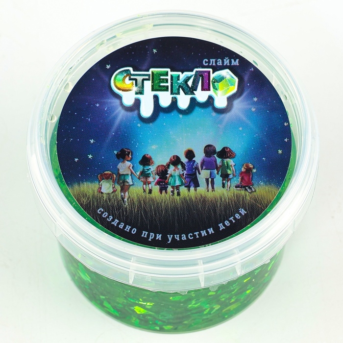 Слайм «Стекло» с зелёными блёстками слюда Слайм «Стекло» с зелёными блёстками слюда