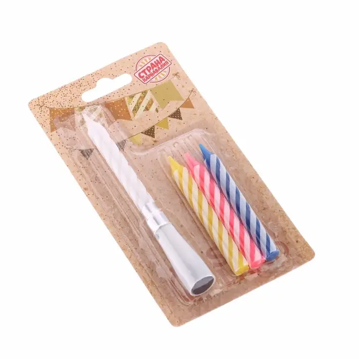 Свечи для торта «Яркая полоска», 7 см, набор 3 витых и музыкальная Свечи для торта «Яркая полоска», 7 см, набор 3 витых и музыкальная
