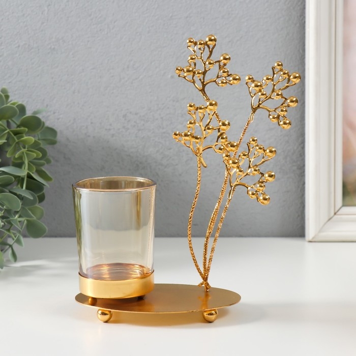 Подсвечник металл, стекло на 1 свечу Подсвечник металл, стекло на 1 свечу "Сухоцветы в золоте" d=4,7 см 11х8х19,2 см