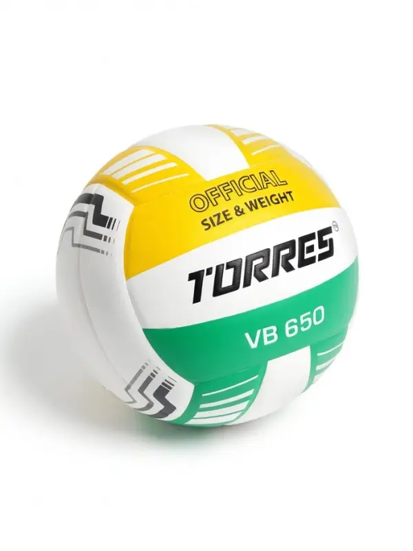 Волейбольный мяч TORRES VB 650, размер 5, бутиловая камера, клееный, полиуретан, бело-зелёно-жёлтый