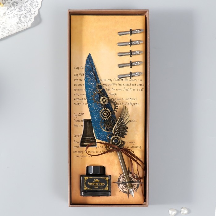 Набор ручка перьевая со сменными перьями+подставка+чернила   Набор ручка перьевая со сменными перьями+подставка+чернила  "Механизмы" 26х12х4 см