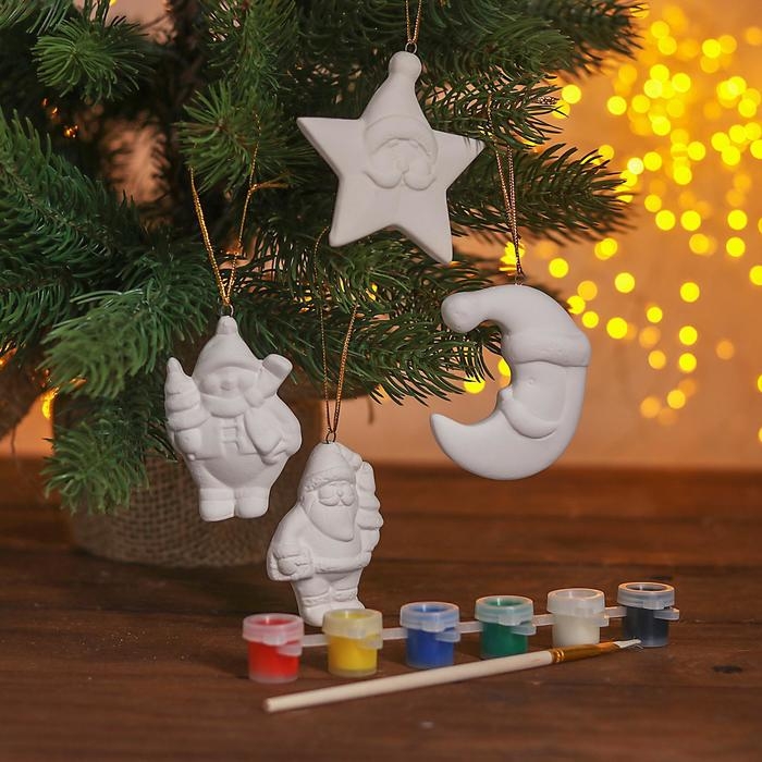 Новый год! Набор ёлочных украшений под раскраску 4 шт. «Чудо» с подвесом, краска 6 цв. по 2 мл, кисть Новый год! Набор ёлочных украшений под раскраску 4 шт. «Чудо» с подвесом, краска 6 цв. по 2 мл, кисть