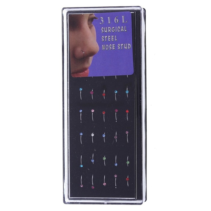 Пирсинг в нос (нострил) «Страза», загнутый, L=10мм, набор 40шт, цвет МИКС в серебре
