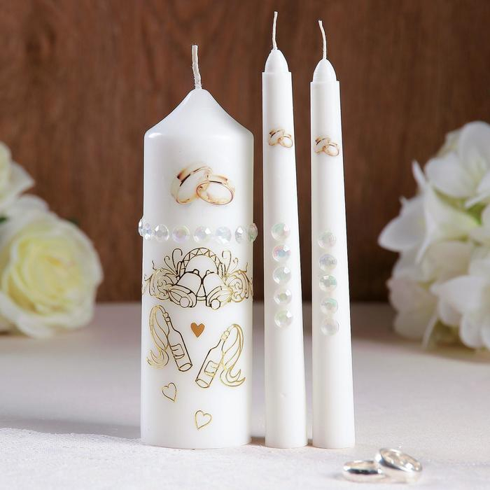 Набор свадебных свечей с бусинами  Набор свадебных свечей с бусинами "Обручальные кольца", белый, ручная работа, микс