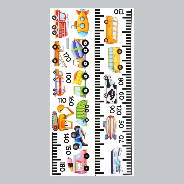 Наклейка пластик интерьерная цветная ростомер  Наклейка пластик интерьерная цветная ростомер "Транспорт" набор 2 листа 15х60 см