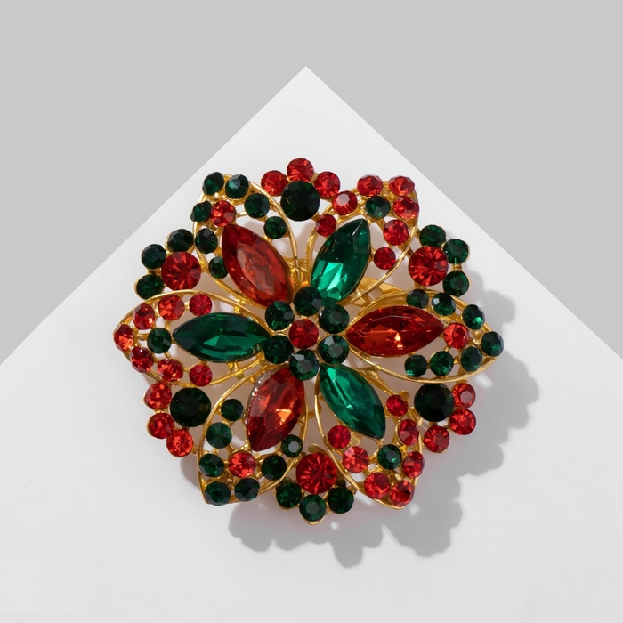 Брошь «Цветок» двойные лепестки, цвет красно-зелёный в матовом золоте Брошь «Цветок» двойные лепестки, цвет красно-зелёный в матовом золоте