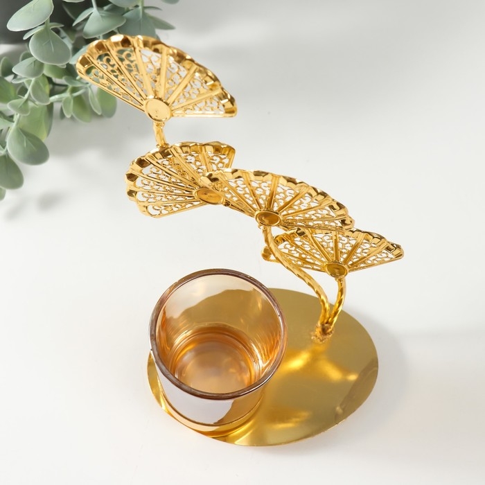 Подсвечник металл, стекло на 1 свечу Подсвечник металл, стекло на 1 свечу "Цветы-веера" d=4,7 см, золото 16,7х8х21,5 см