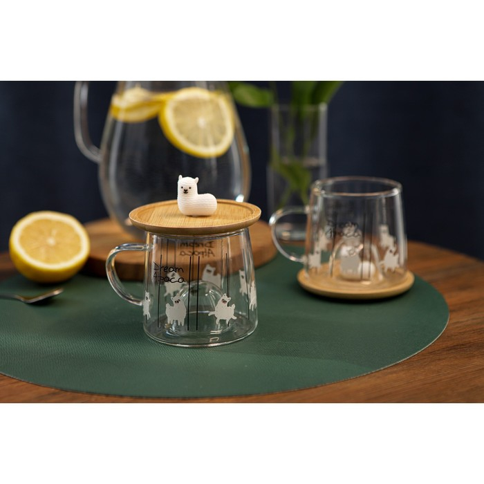 Кружка стеклянная с деревянной крышкой «Лама», 300 мл, рисунок МИКС Кружка стеклянная с деревянной крышкой «Лама», 300 мл, рисунок МИКС