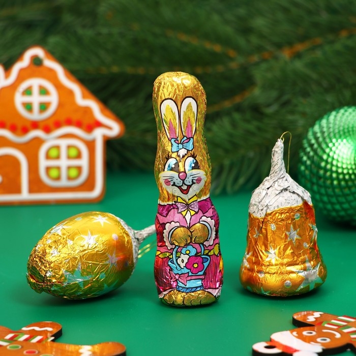 Новый год. Набор фигурного шоколада "Кролик с шишкой и колокольчиком", 48 г