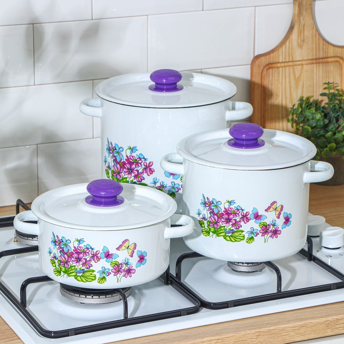 Набор кастрюль «Фиалка», 3 предмета: 2 л, 3.5 л, 5.5 л, эмалированные крышки, индукция, цвет МИКС Набор кастрюль «Фиалка», 3 предмета: 2 л, 3.5 л, 5.5 л, эмалированные крышки, индукция, цвет МИКС