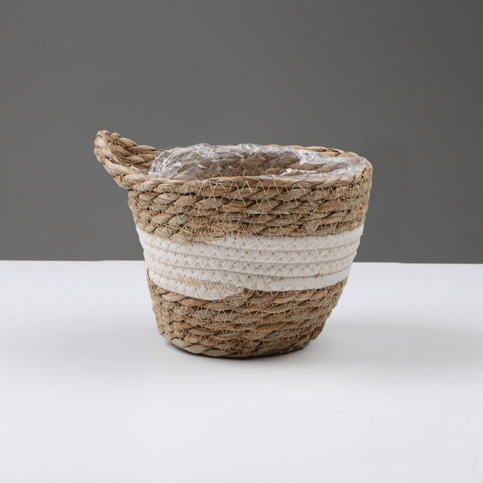 Кашпо плетеное  Кашпо плетеное "Танзания" с ручкой, 15,5х15,5х13,5 см, натуральный, белый