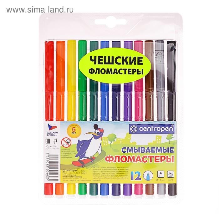 Фломастеры 12 цветов Centropen 7790 Washable 1.8 мм , блистер, европодвес, линия 1.0 мм Фломастеры 12 цветов Centropen 7790 Washable 1.8 мм , блистер, европодвес, линия 1.0 мм