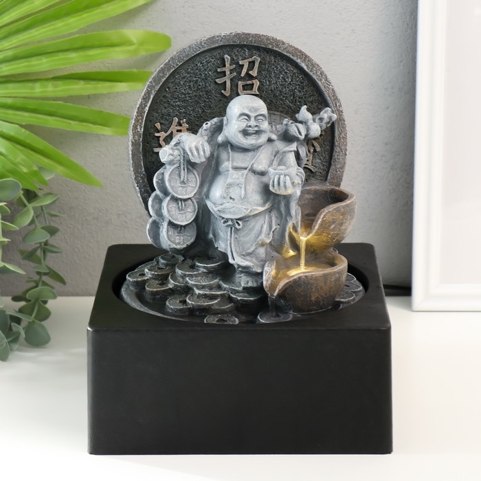 Фонтан настольный от сети, подсветка  Фонтан настольный от сети, подсветка "Серый хотей со связками монет" 18х18х24 см