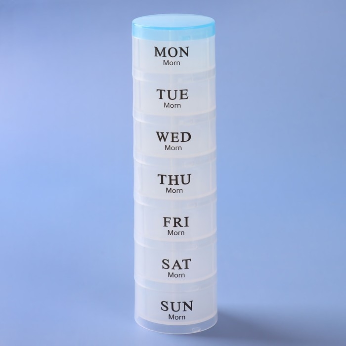 Таблетница - органайзер «Пирамида», английские буквы, утро/день/вечер, d = 19,5 × 5 см, 7 контейнеров по 3 секции, цвет МИКС Таблетница - органайзер «Пирамида», английские буквы, утро/день/вечер, d = 19,5 × 5 см, 7 контейнеров по 3 секции, цвет МИКС
