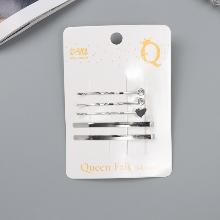 Невидимка для волос  Невидимка для волос "Тириль" (набор 5 шт) сердце, 5 и 6 см, серебро