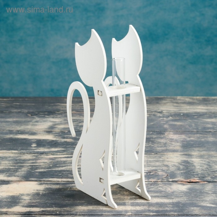 Кашпо деревянное 13×5.2×24.5 см с 1 колбой  Кашпо деревянное 13×5.2×24.5 см с 1 колбой "Кошка", белый Дарим Красиво