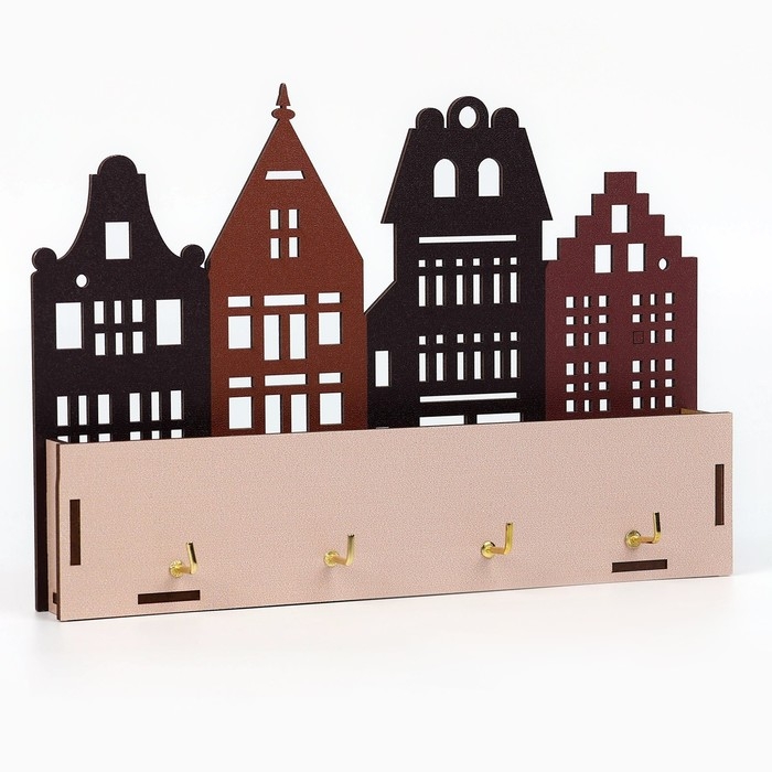 Ключница настенная с полкой с полкой и карманом, город, 23 х 16,1 см. Ключница настенная с полкой с полкой и карманом, город, 23 х 16,1 см.