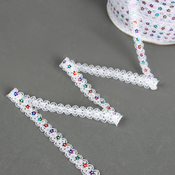 Тесьма гипюровая белая с пайетками 1,5 см, в рулоне 548 м Тесьма гипюровая белая с пайетками 1,5 см, в рулоне 548 м