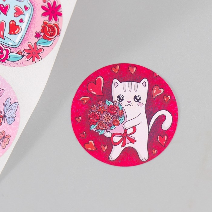Наклейка бумага Наклейка бумага "Котики и любовь" d=3,8 см 252 шт в рулоне