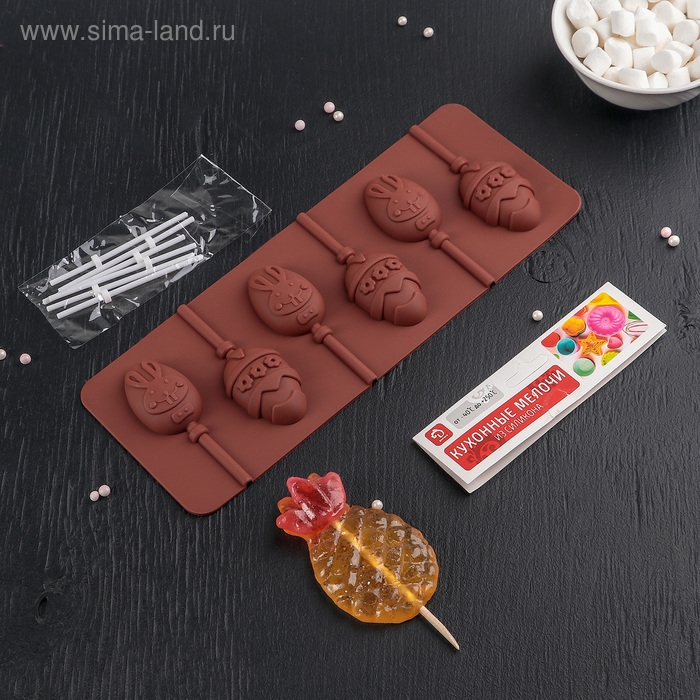 Форма для леденцов Доляна «Пасхальный кролик», силикон, 26×10×1 см, 6 ячеек, с палочками, цвет коричневый Форма для леденцов Доляна «Пасхальный кролик», силикон, 26×10×1 см, 6 ячеек, с палочками, цвет коричневый