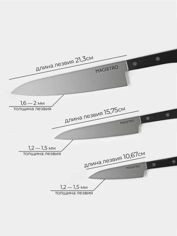 Набор кухонных ножей Magistro Hinshitsu, 3 шт. овощной, универсальный, шеф, нержавеющая сталь, чёрный