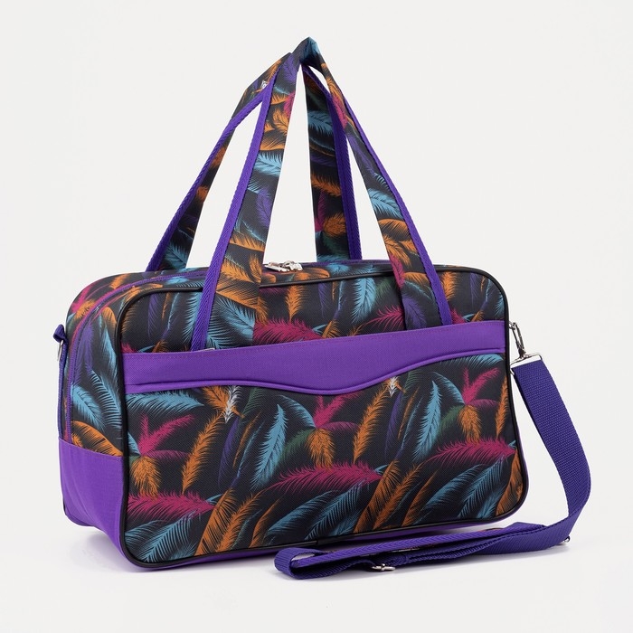 Сумка дорожная на молнии, 2 наружных кармана, длинный ремень, цвет чёрный/сиреневый Сумка дорожная на молнии, 2 наружных кармана, длинный ремень, цвет чёрный/сиреневый