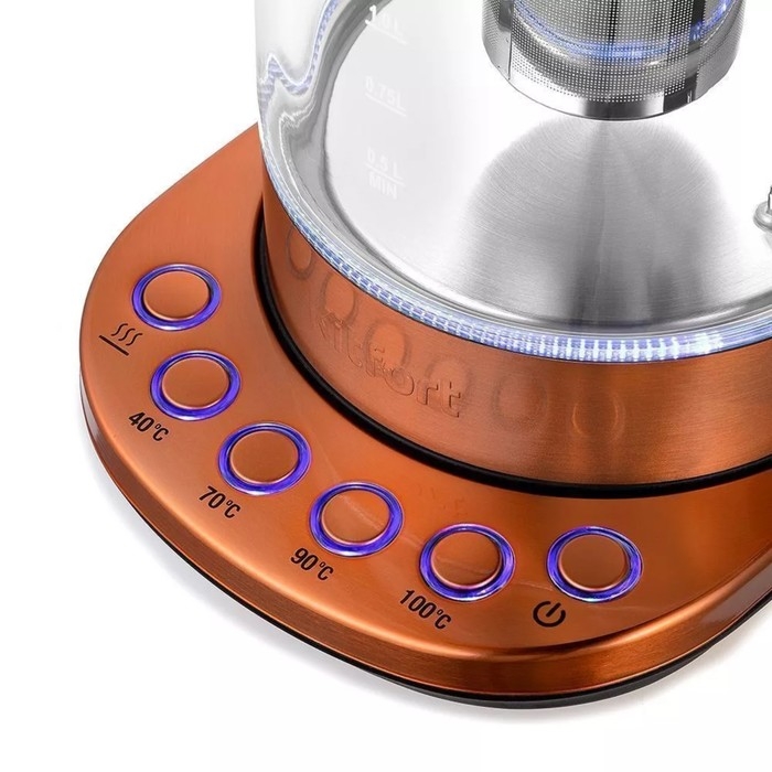 Чайник электрический Kitfort КТ-6655, стекло, 1.7 л, 2200 Вт, цвет медь Чайник электрический Kitfort КТ-6655, стекло, 1.7 л, 2200 Вт, цвет медь